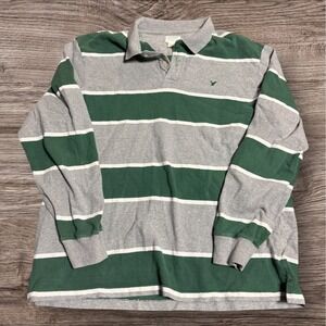 American Eagle Mens Y2K Striped Rugby Polo Long Sleeve Green Gray Size XL